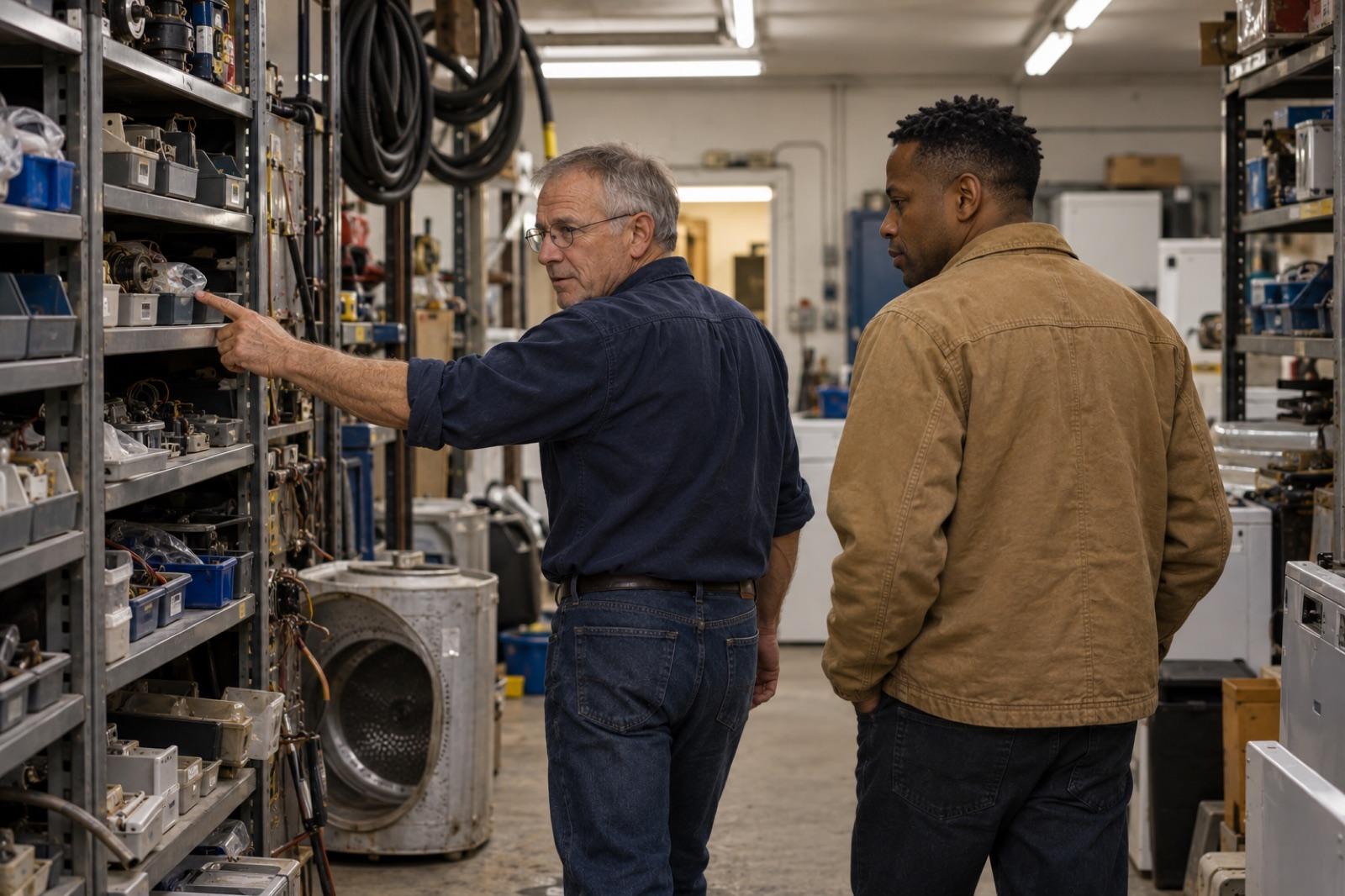 After hours, Gene walks a buyer past the parts shelves in the back of the shop