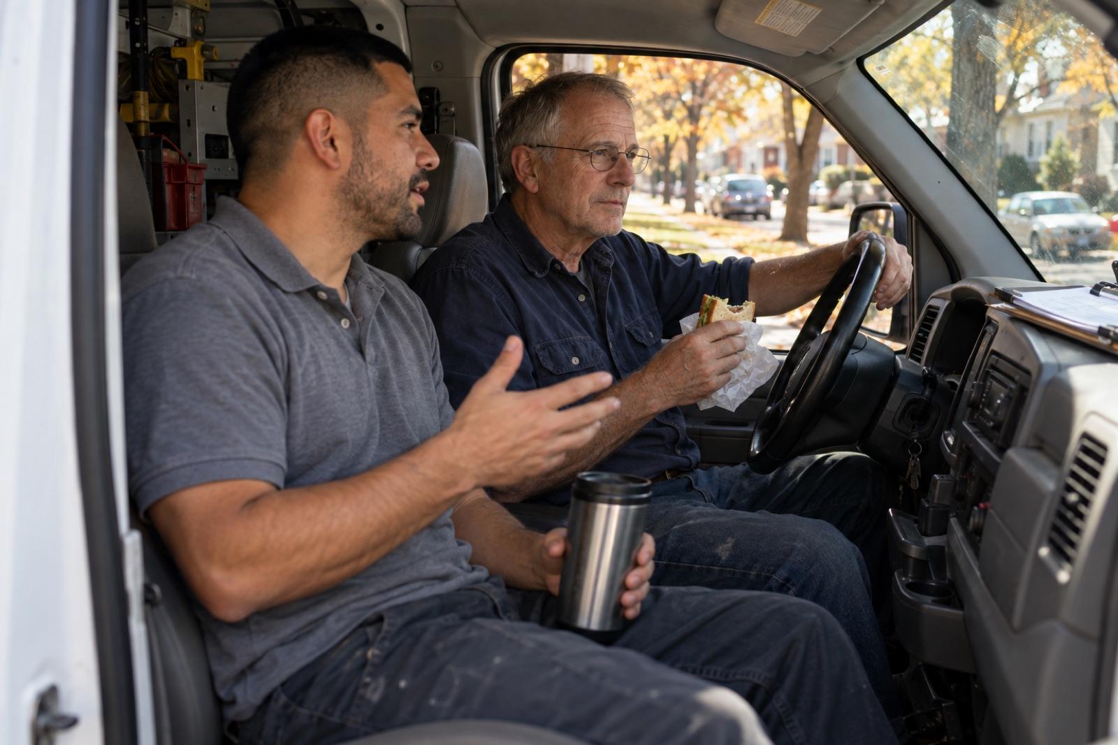 Gene and Luis eating lunch in the front seats of a service van between calls