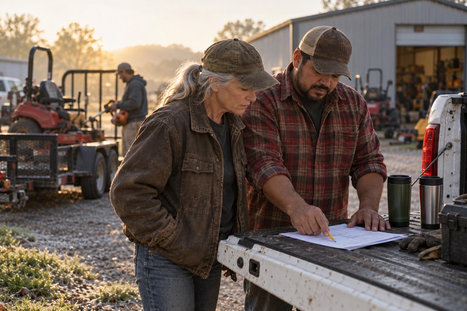 Dee and Tom at the tailgate of a work truck in the equipment yard, going over a route sheet