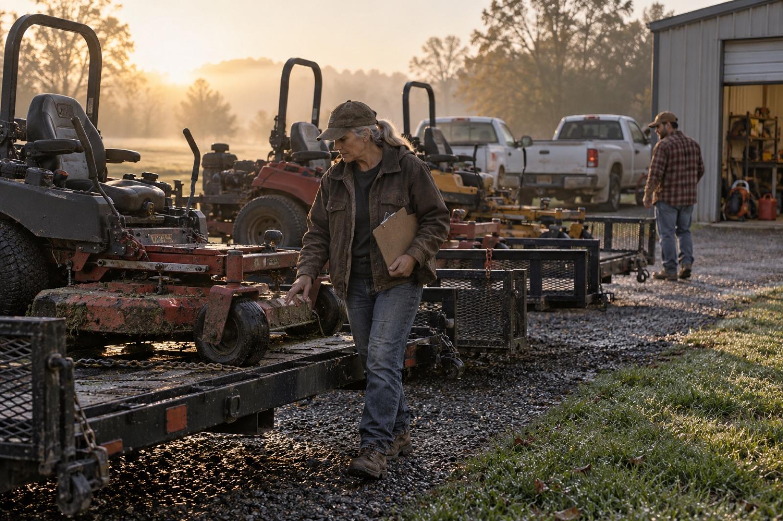Dee in her equipment yard at dawn, walking past a row of mowers on trailers with a clipboard