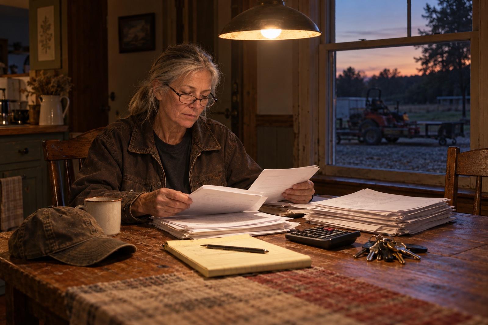 Dee at her kitchen table in the evening with tax returns, a calculator and a ring of truck keys