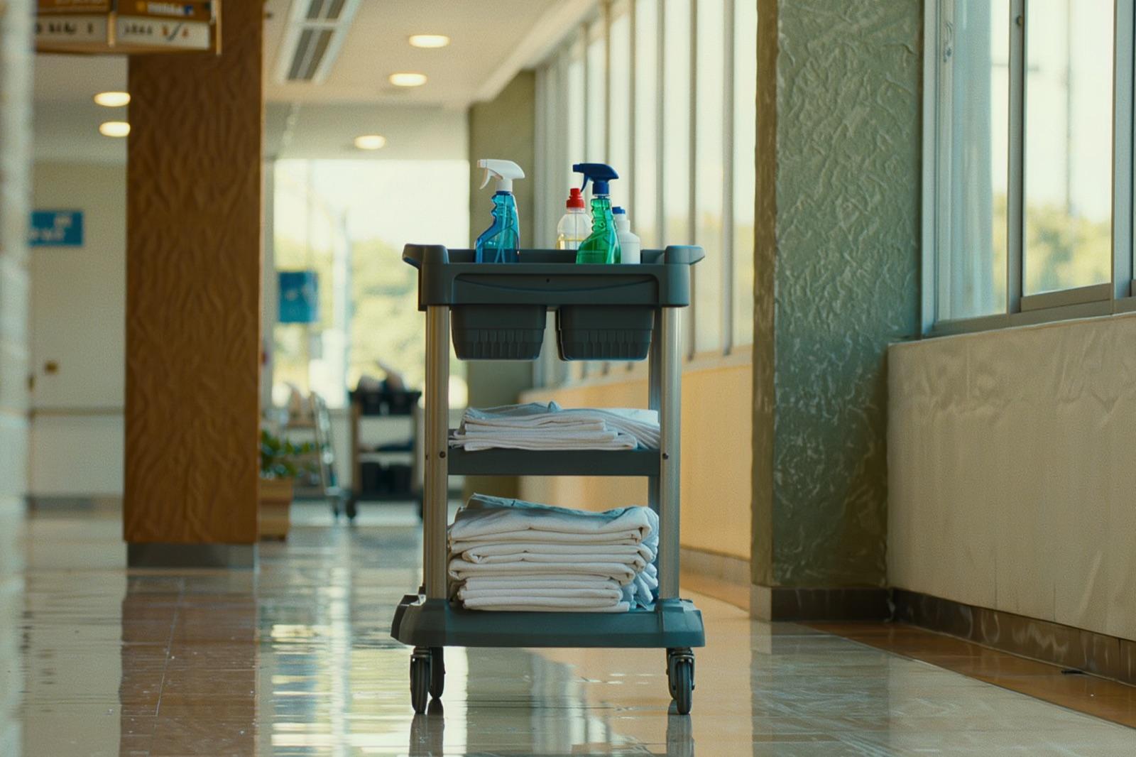 A cleaning cart with organized supplies in a bright commercial hallway