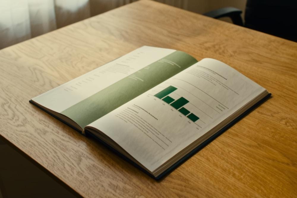 A designed presentation booklet open on an oak desk showing a green chart