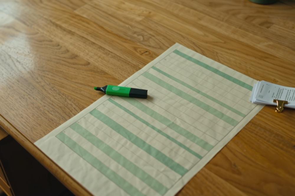 A financial worksheet with a green highlighter and clipped receipts