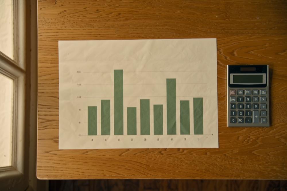 A payment schedule sheet with a bar chart and a calculator beside it