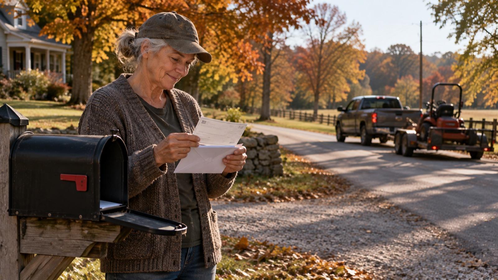 Months later, Dee reads a check at her mailbox as a mower trailer drives past