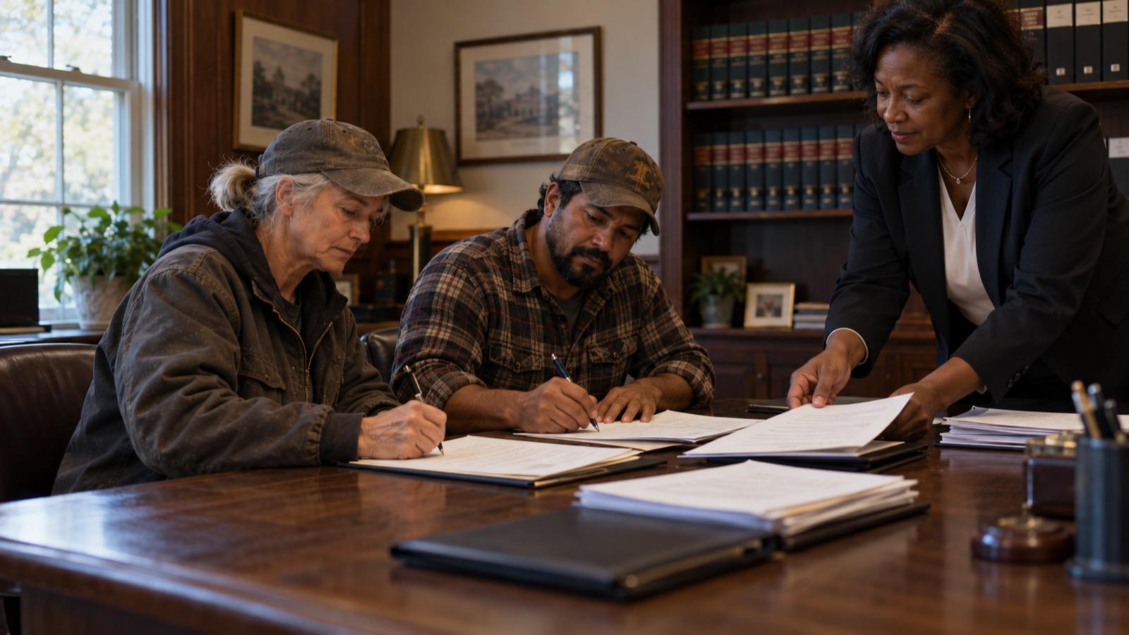 Dee and Tom sign the documents at an attorney's conference table