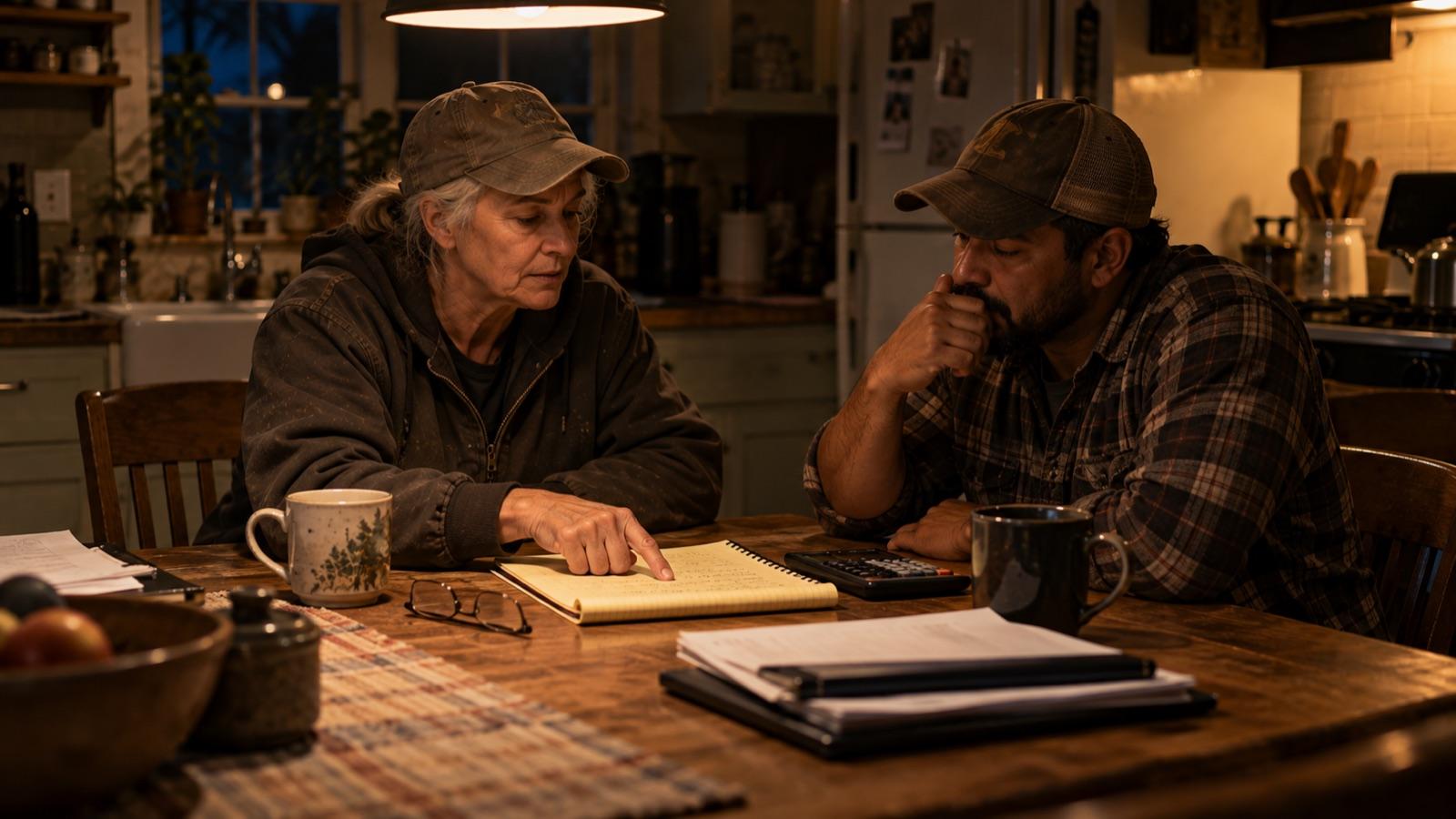Dee and Tom at her kitchen table going over figures on a legal pad