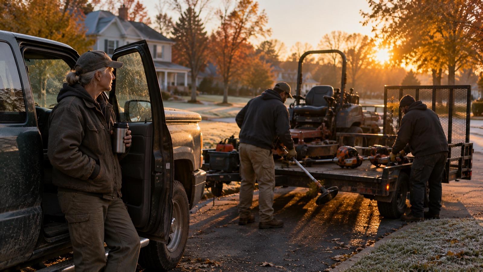 Dee with a thermos beside her pickup and mower trailer at dawn while her crew loads up