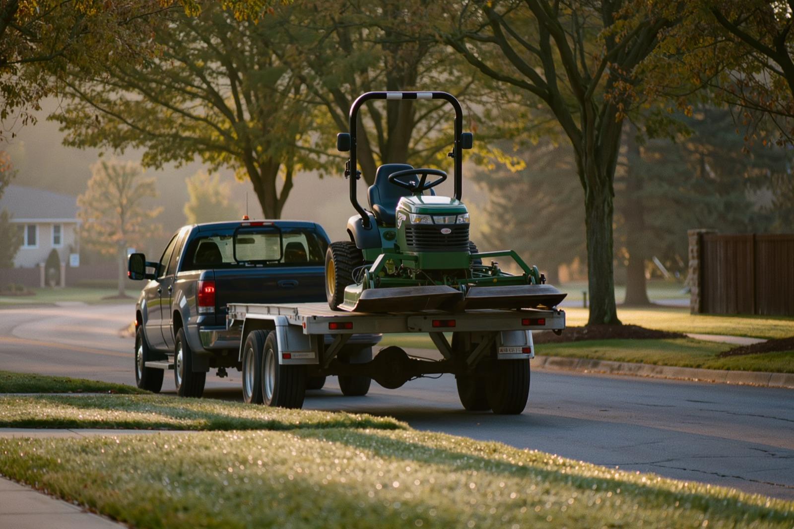 A commercial mower on a trailer behind a work truck at dawn