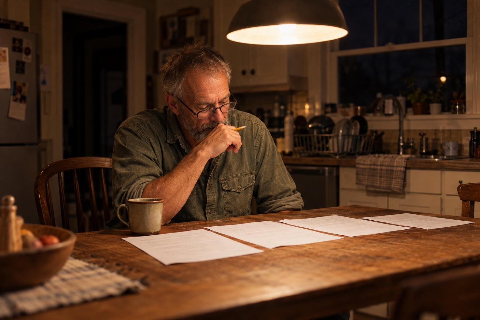 Walt at his kitchen table with the four-page agreement spread out, a pencil and a cup of coffee