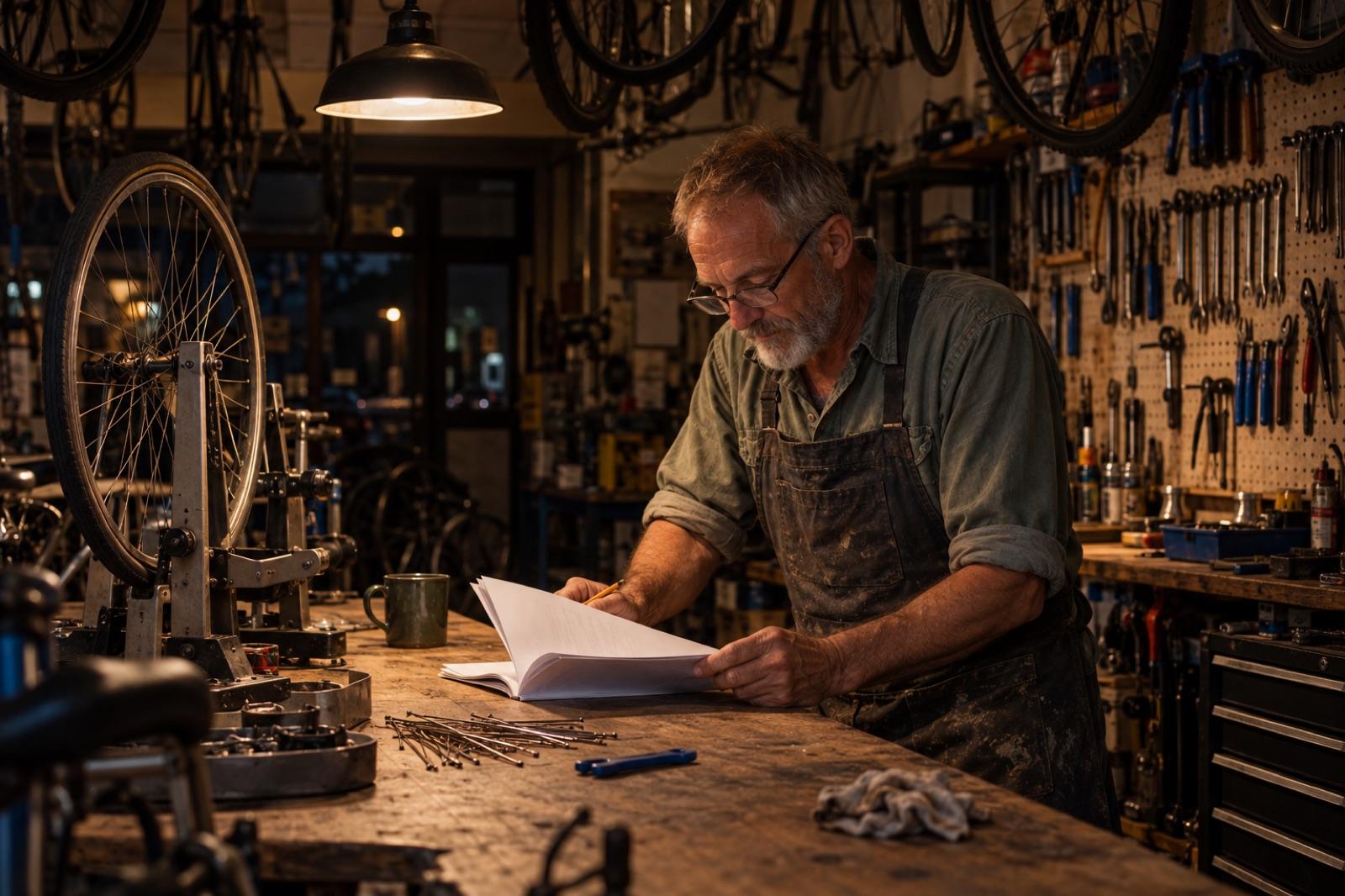 Walt at the workbench of his bike shop after closing, reading a stapled agreement under a hanging lamp