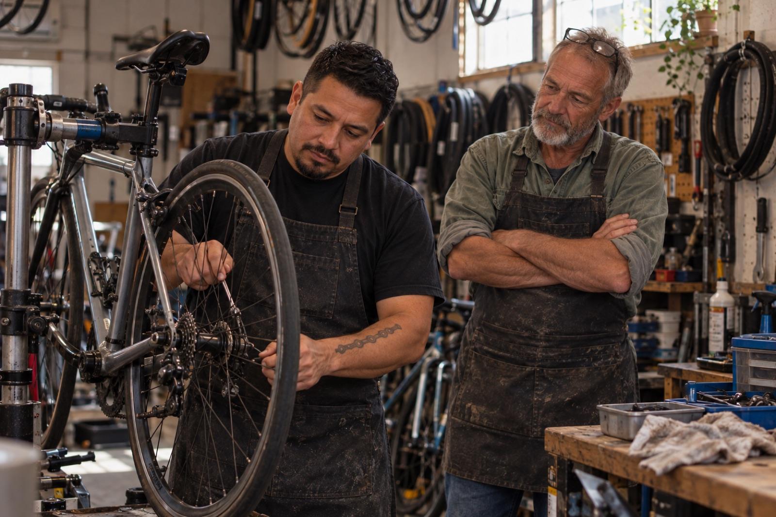 Walt and Rudy at a bike repair stand in the back of the shop, Rudy truing a wheel while Walt watches