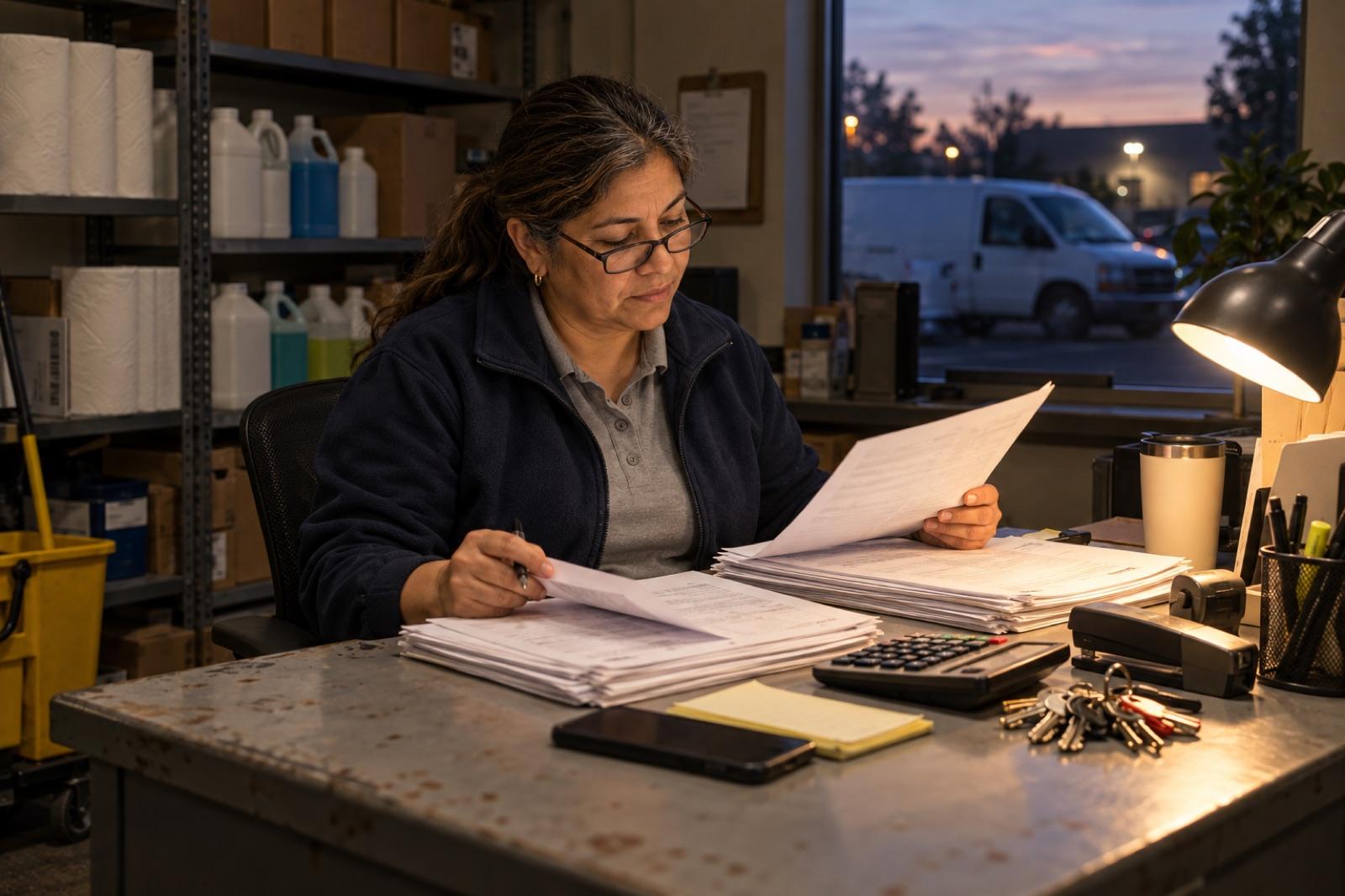 Carla at a desk in a small back office with tax returns, a calculator and a ring of building keys