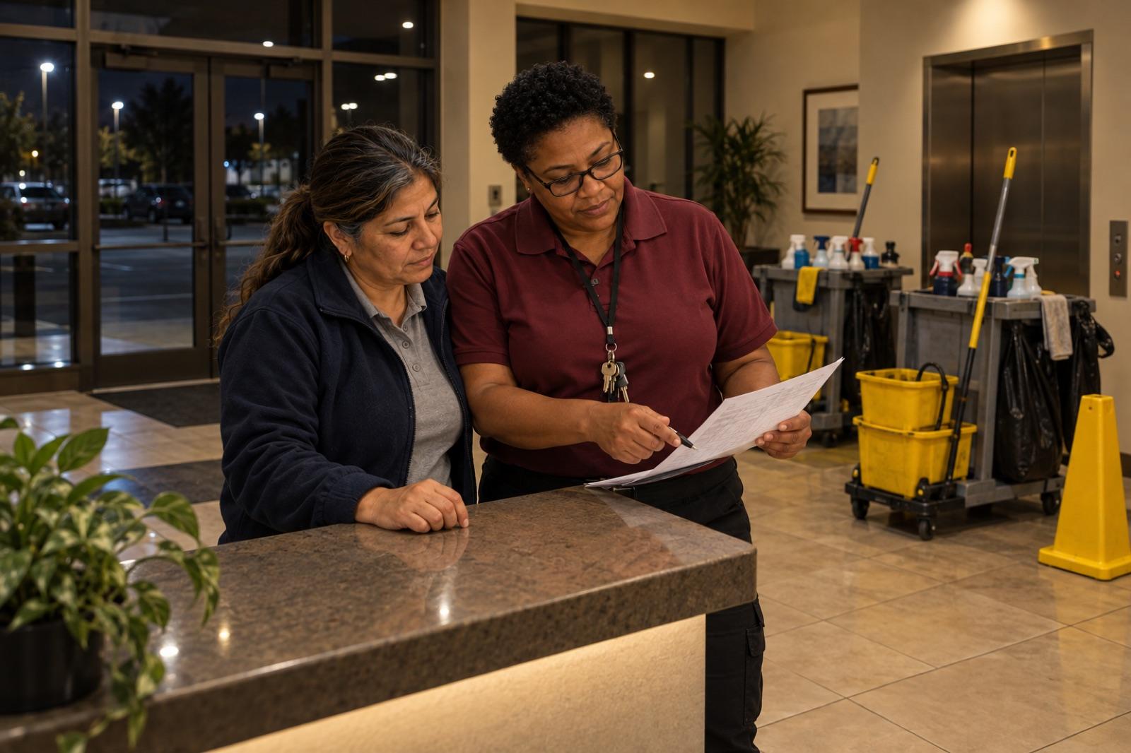 Carla and her night supervisor Nadine going over a route sheet in a building lobby before a shift