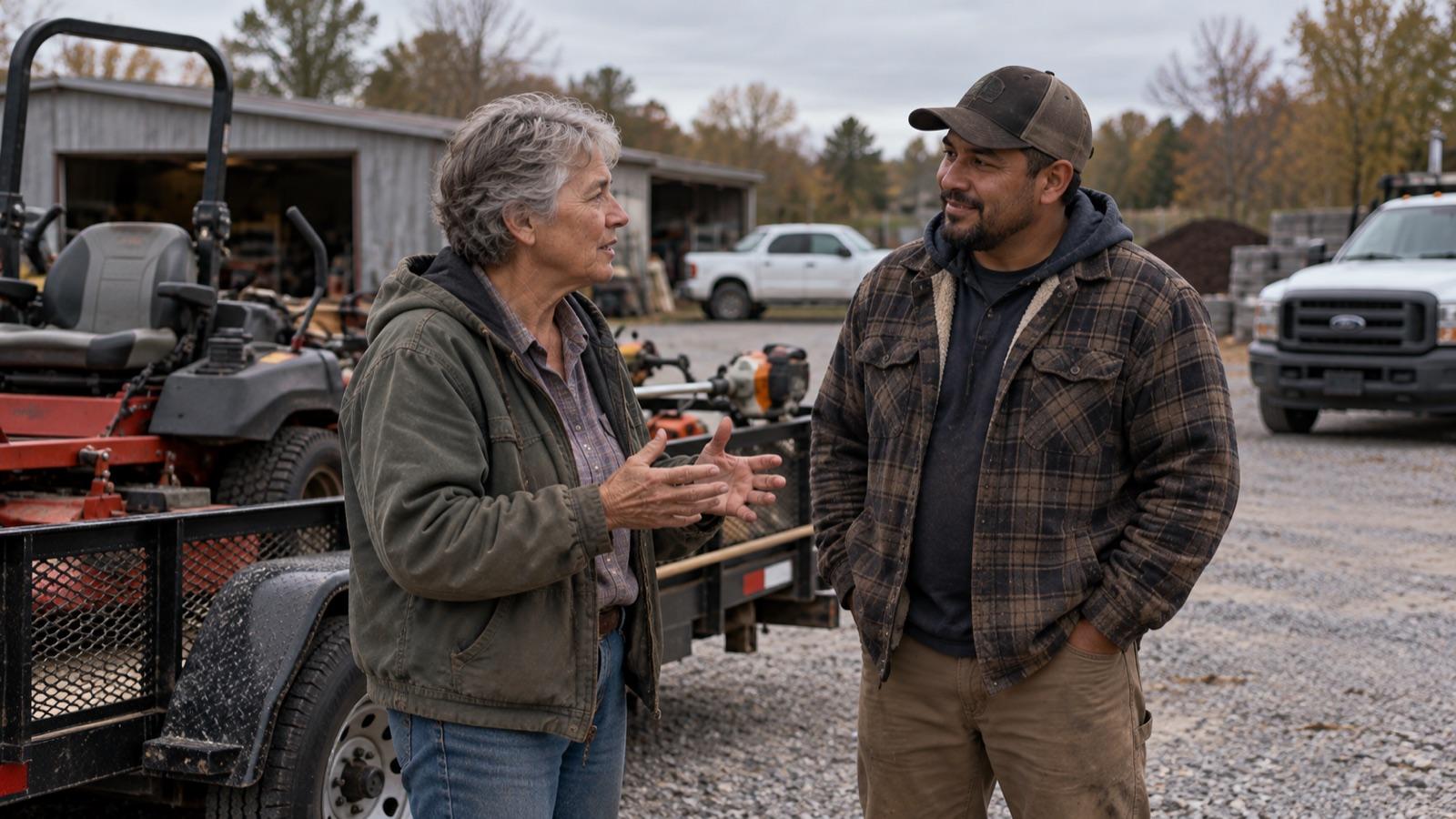 Dee and Tom in the Ridgeline equipment yard, a printed report on the hood of his truck