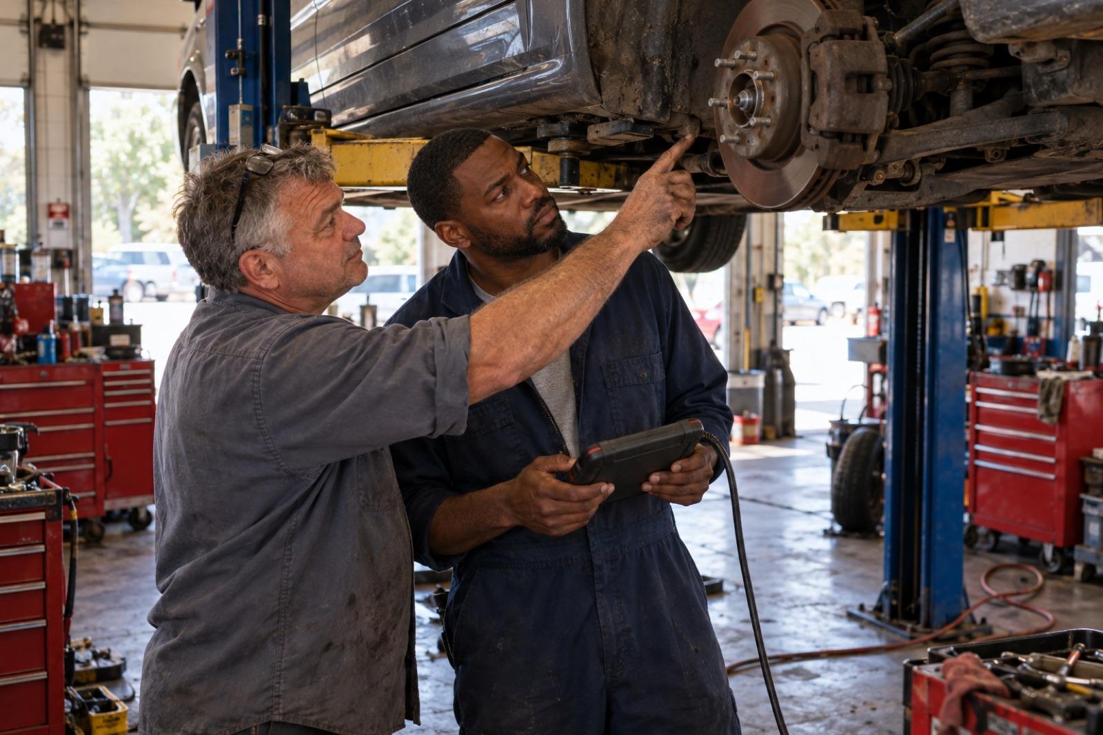 Dale and his technician Curtis talking beside a car on a lift in the shop's middle bay