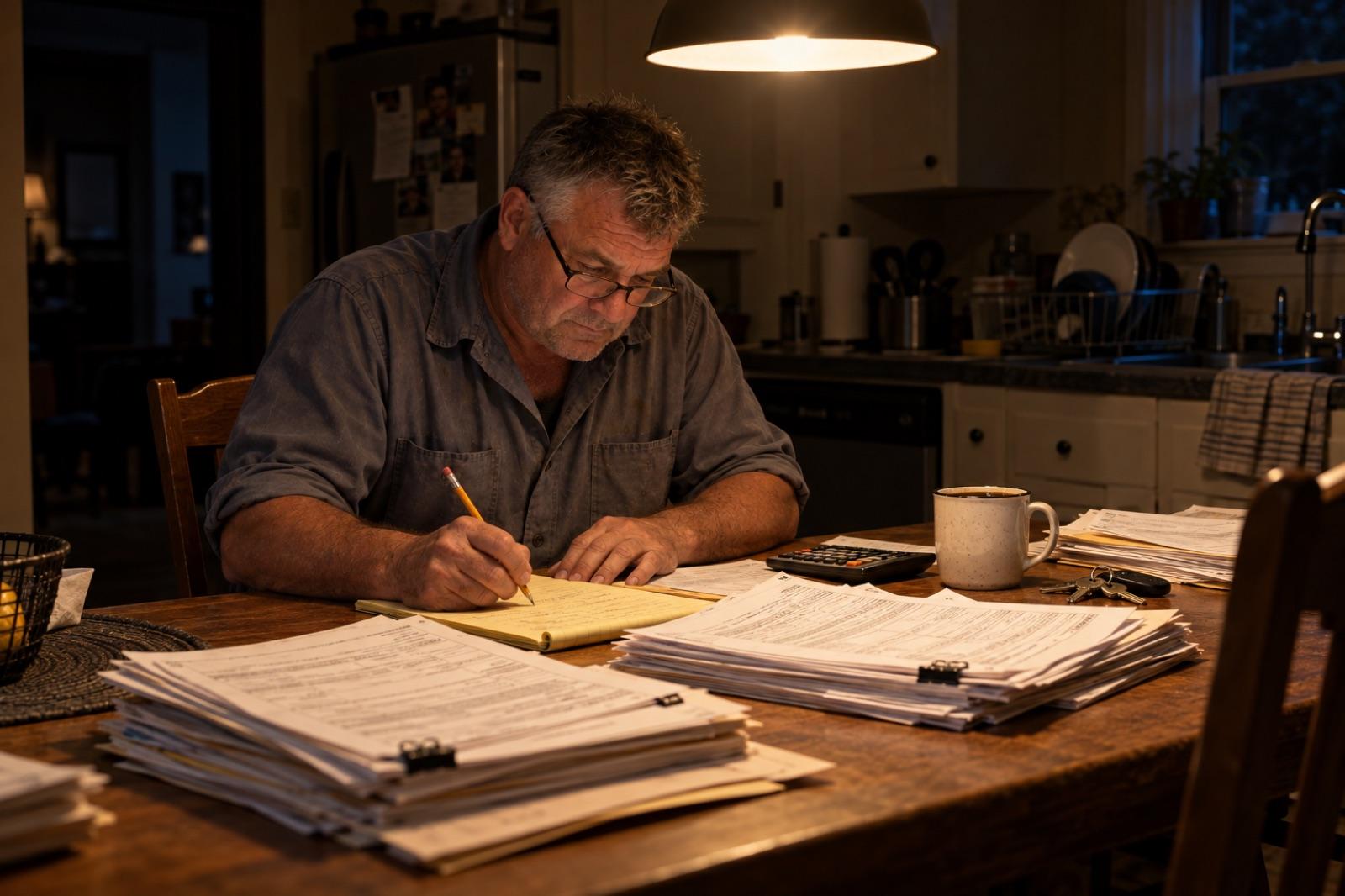 Dale at his kitchen table late at night with three years of tax returns and a yellow legal pad
