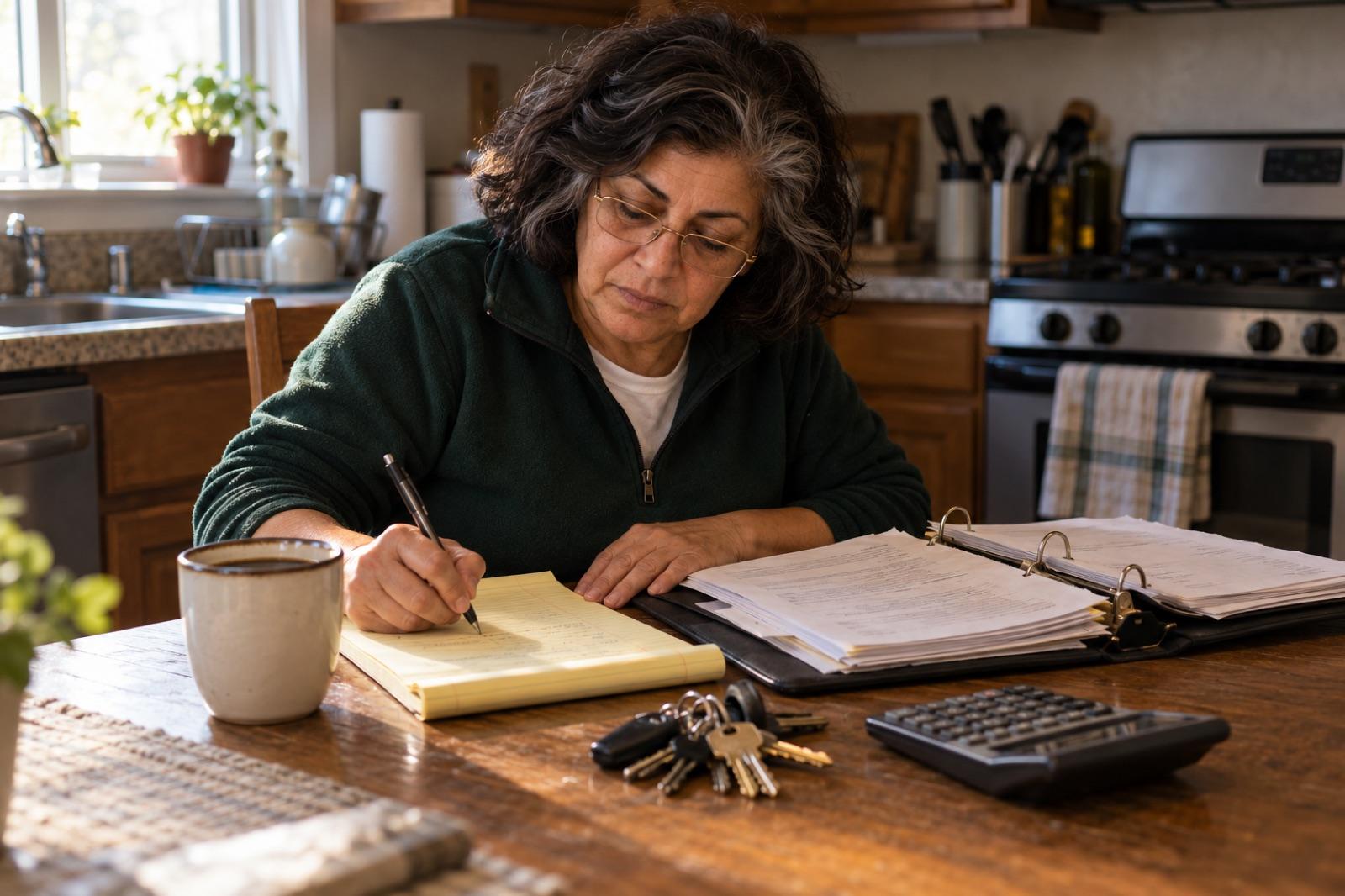 Teresa at her kitchen table writing out her client list on a legal pad beside a binder of cleaning agreements