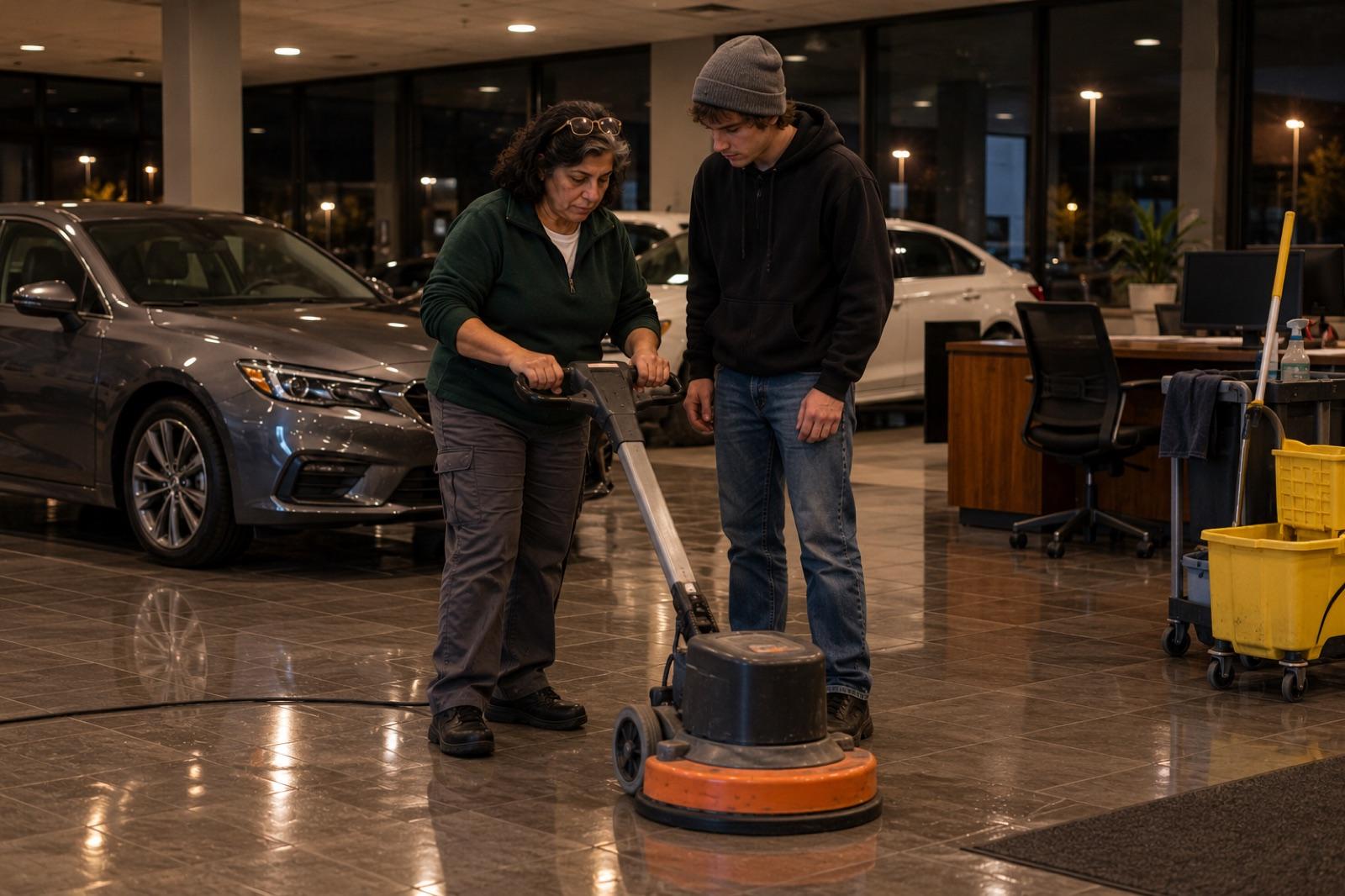 Teresa showing a new part-time cleaner how to run a floor machine in a car dealership showroom after hours