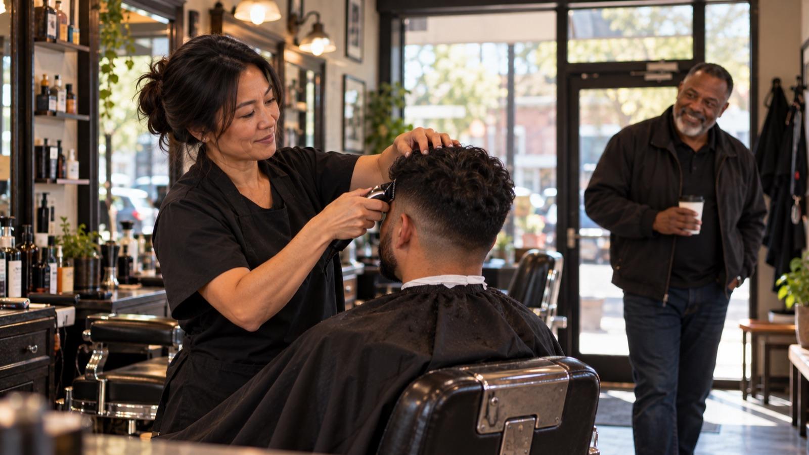Kim behind the first barber chair as the new owner, Marcus watching from the doorway