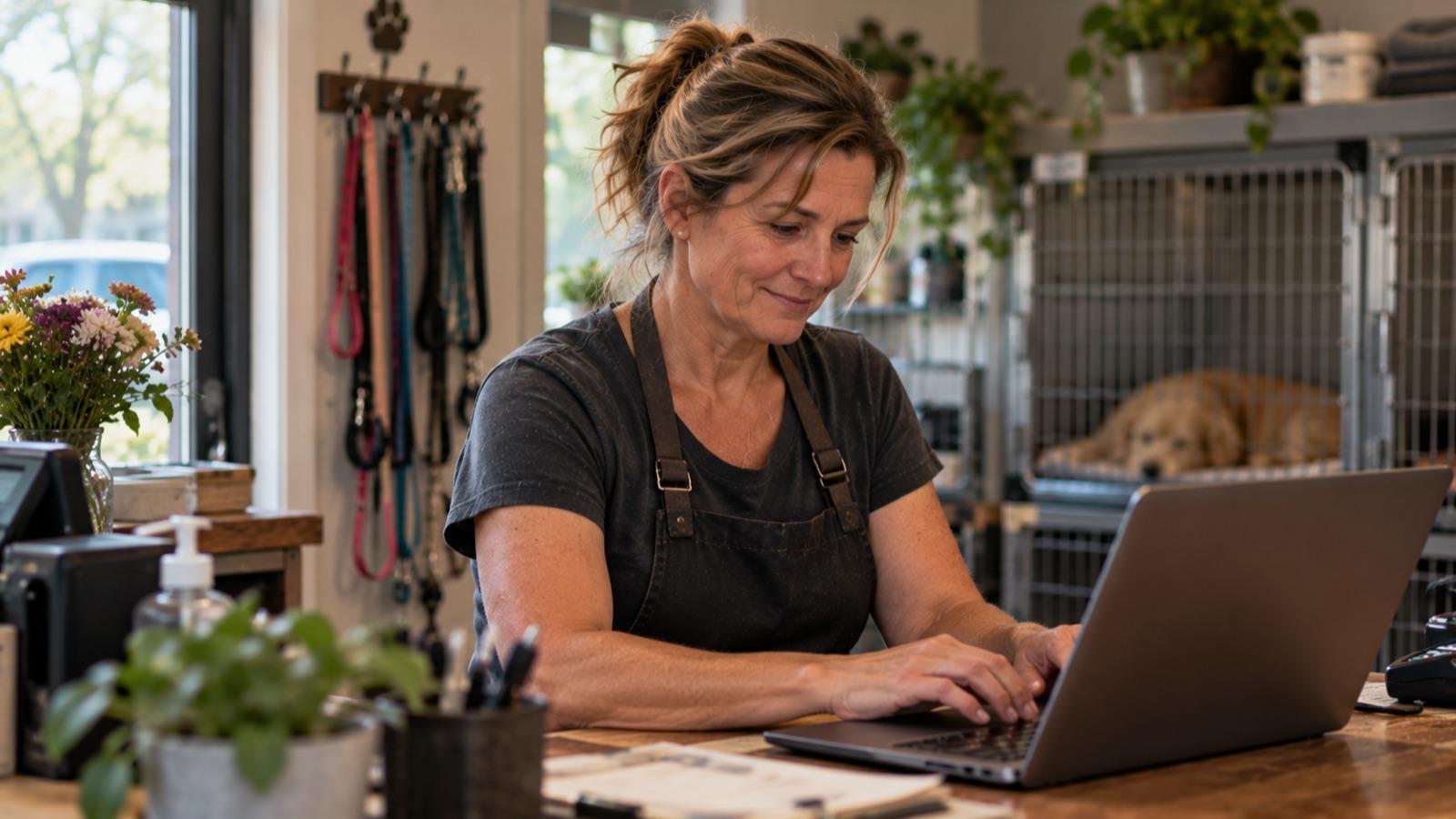 Lena at the shop counter with a laptop open to her listing dashboard, the grooming tables empty behind her