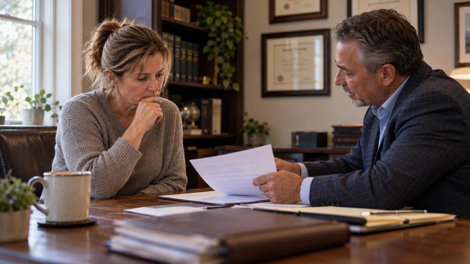 A quiet office, Lena and the broker talking across a desk with a folder between them