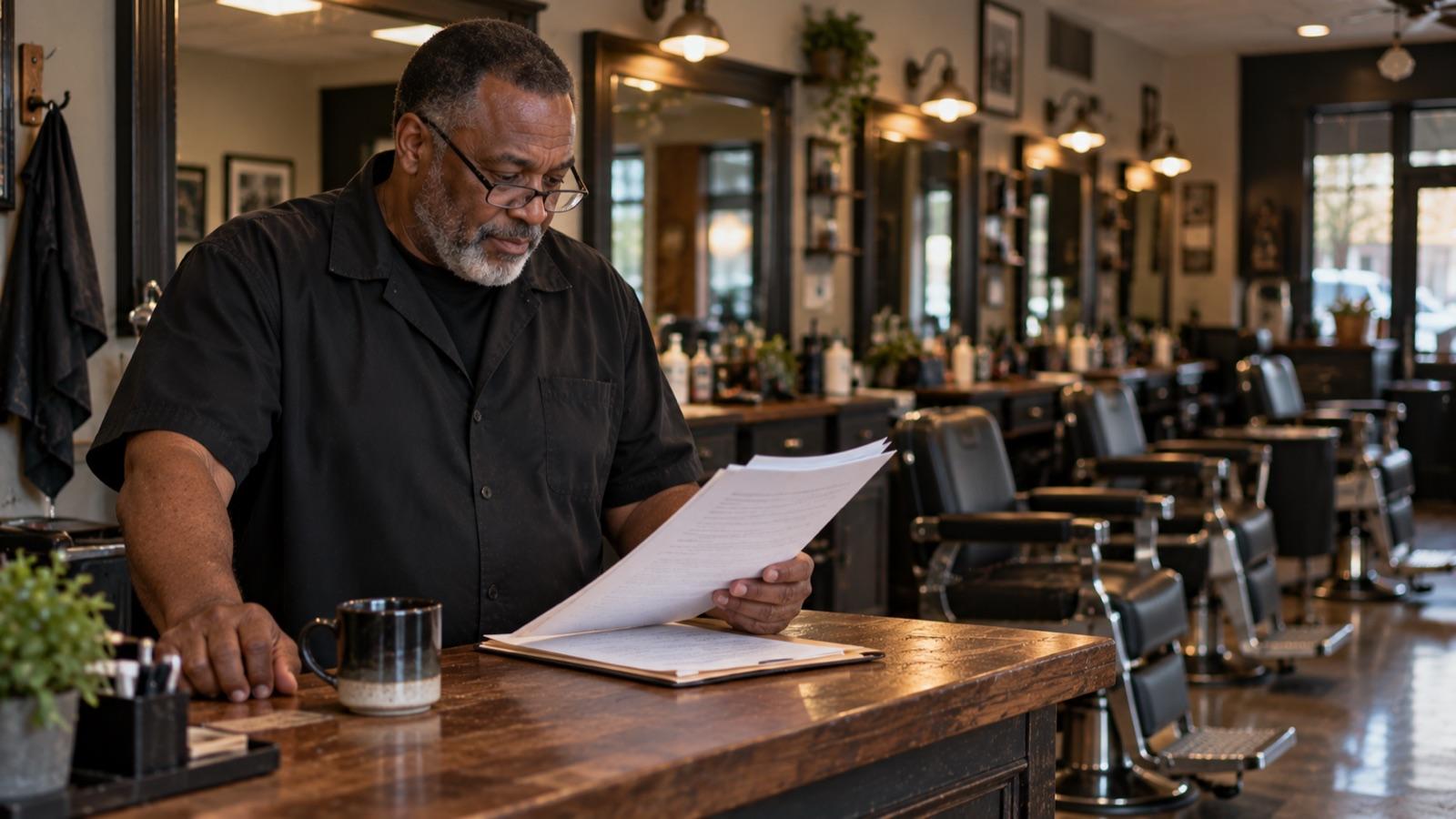Marcus reading the standby note at the shop counter before opening, the chairs empty behind him