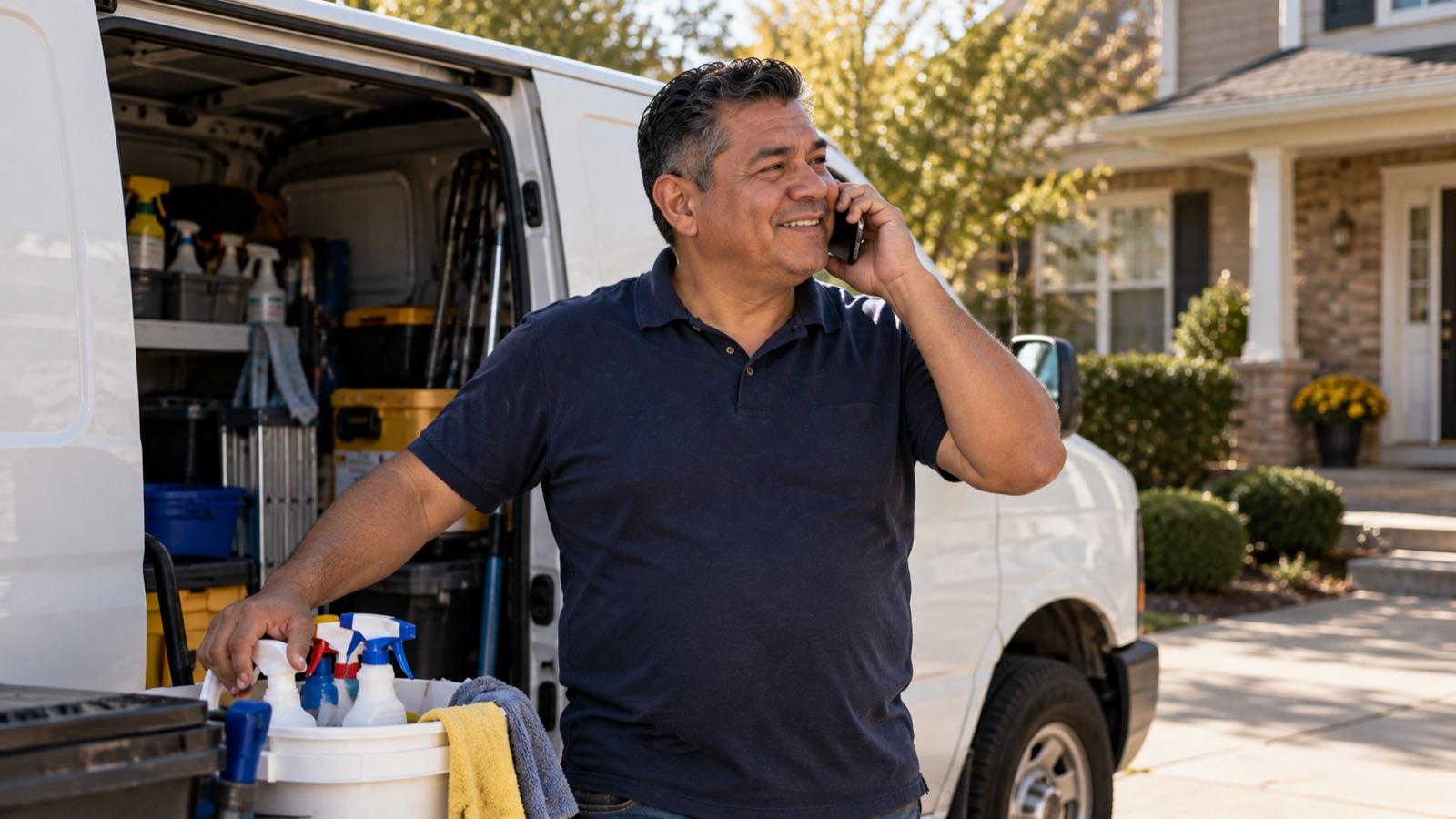 Ray on a front porch with a clipboard while a crew unloads the van behind him