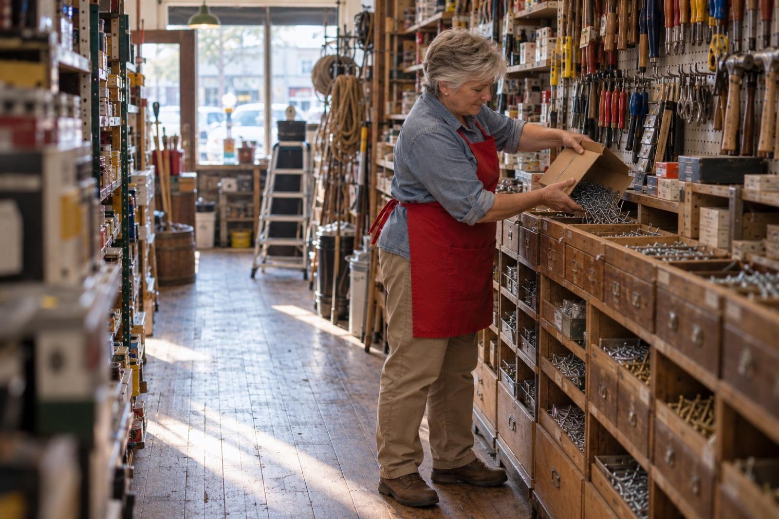 Joan restocking a bin of loose screws in an aisle of her hardware store before opening