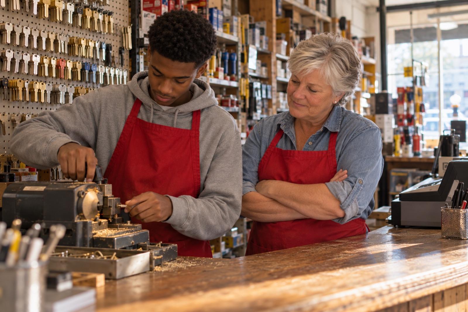 Joan watching Eli cut a key at the key machine behind the store's front counter