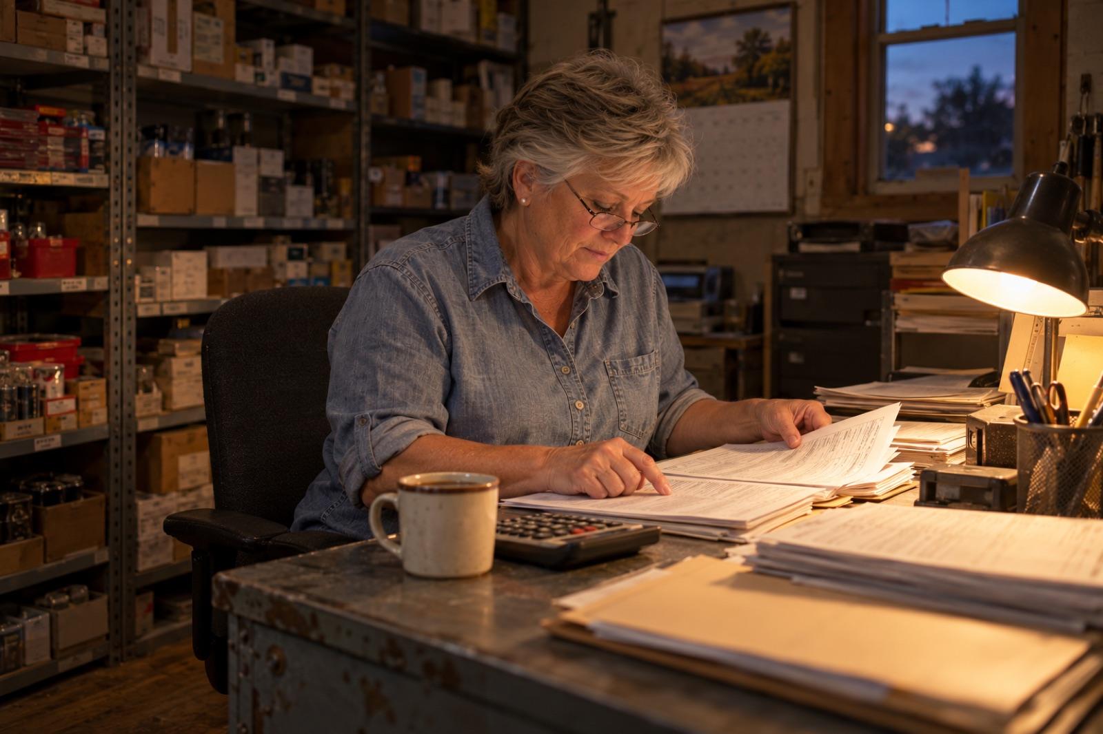 Joan at a cluttered desk in the back office of her store with tax returns, a calculator and a mug of coffee