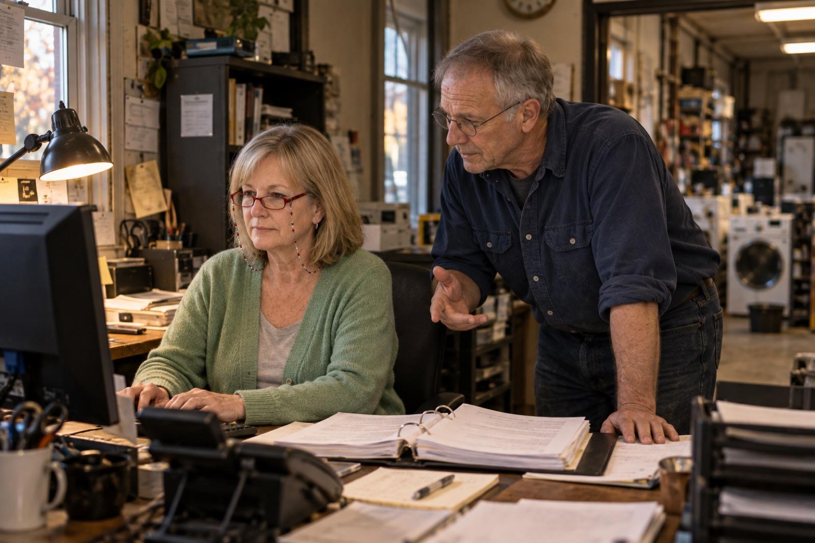Gene and Bev at the office desk after hours, a thick binder open between them