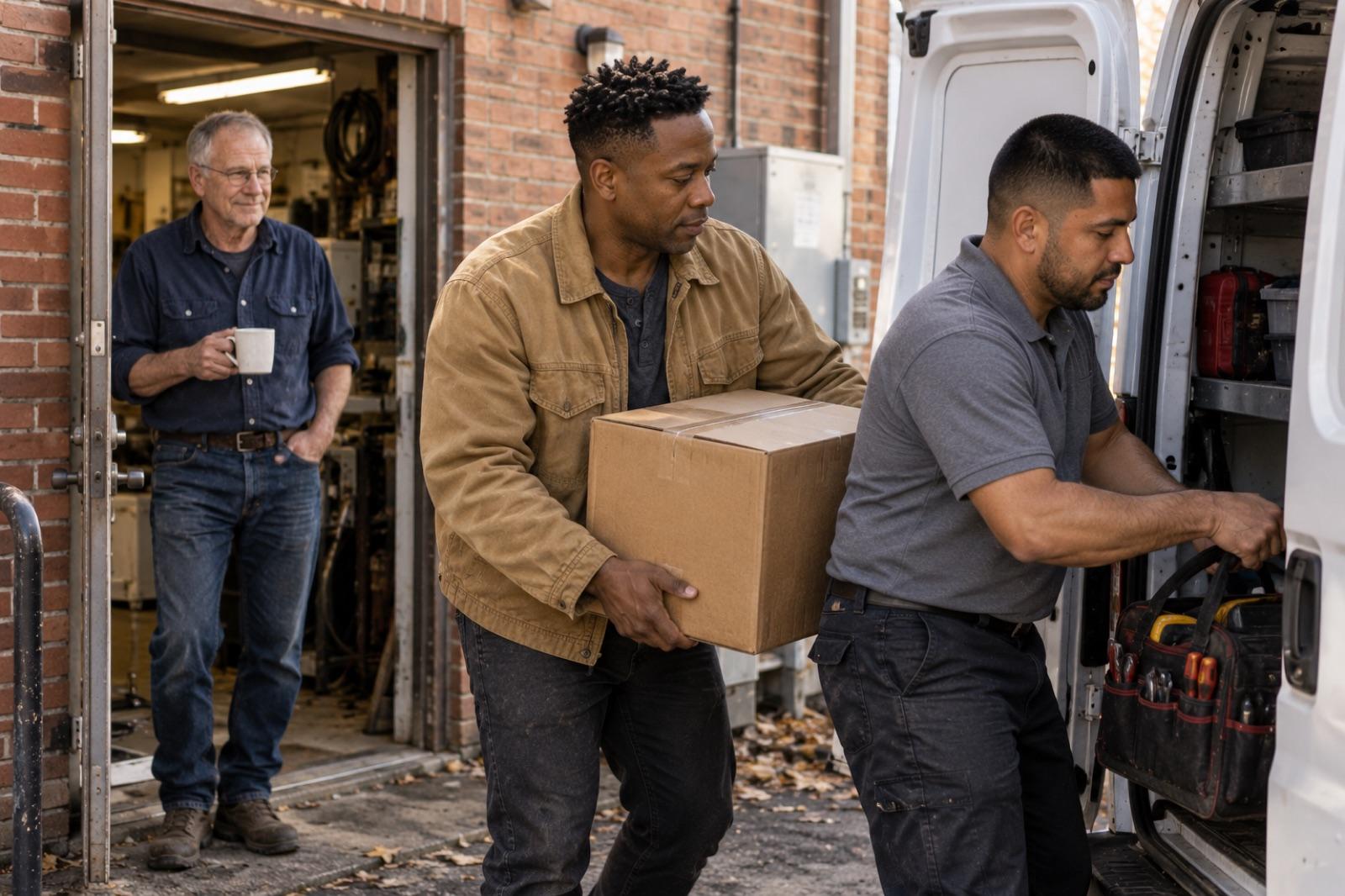 Early morning outside the shop, Nate and Luis load a service van while Gene watches from the doorway with a coffee