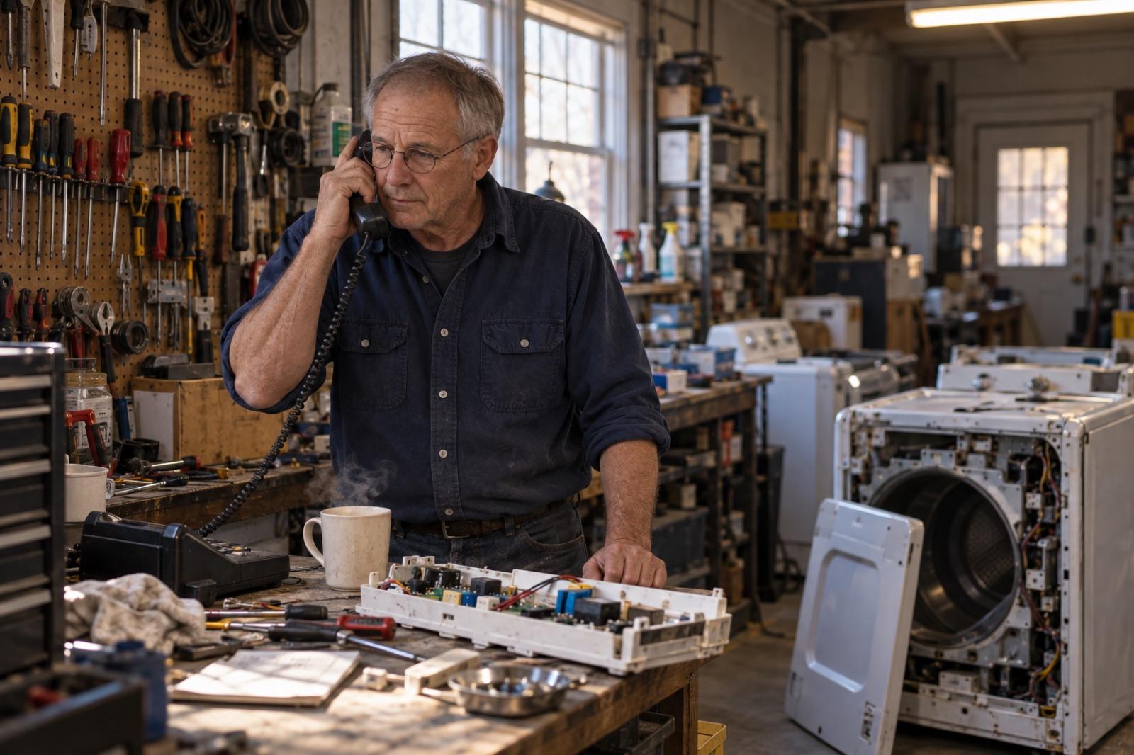 Gene at his workbench before opening, a coffee mug beside him and the shop phone in his hand