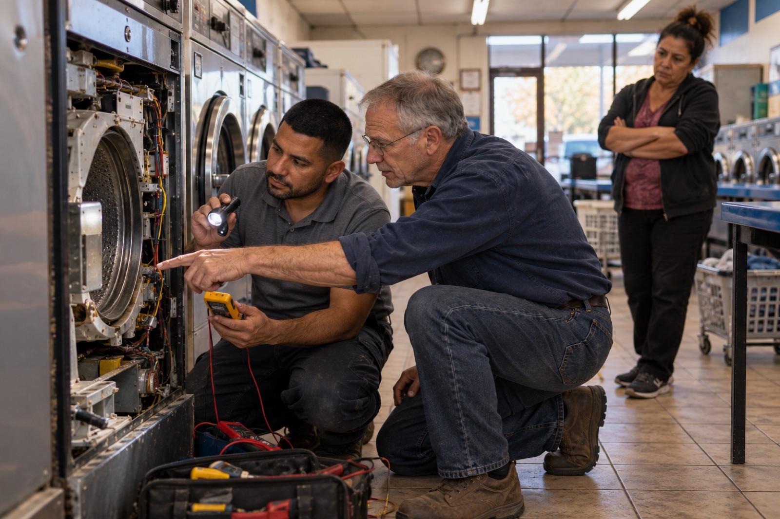 Gene and Luis kneel beside an open commercial washer in a laundromat while the owner looks on