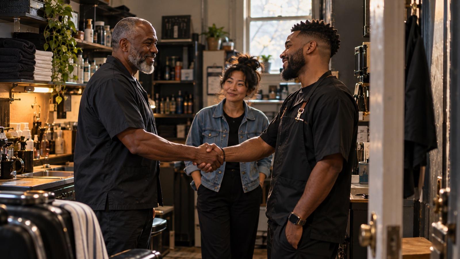 Marcus shakes hands with Andre in the back room while Kim looks on