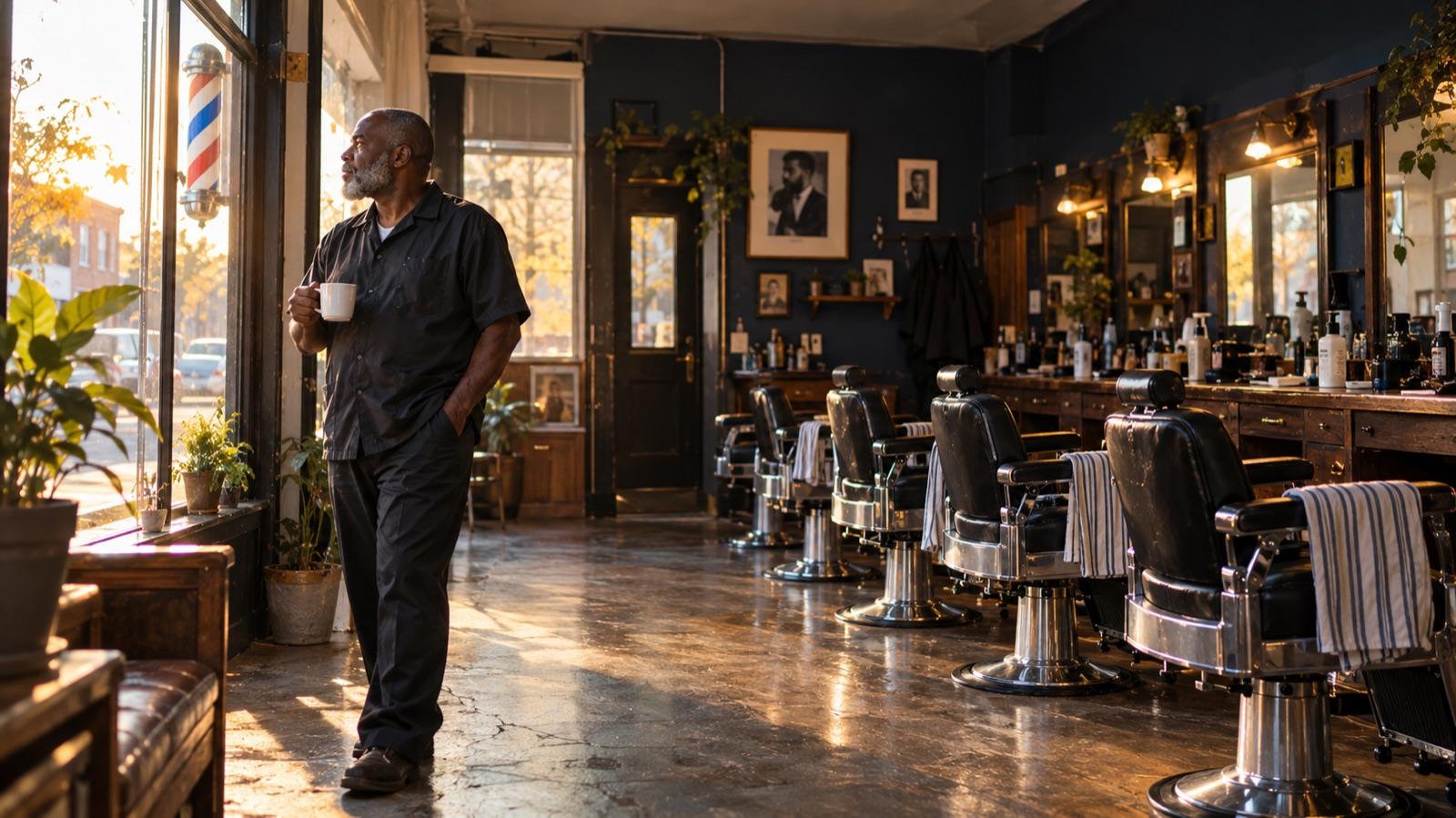A barbershop owner with a coffee mug looks across his empty chairs before opening