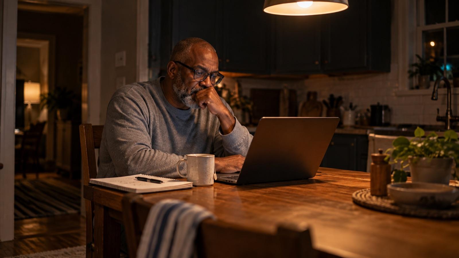 Marcus at his kitchen table late at night with a laptop, a mug and a notebook