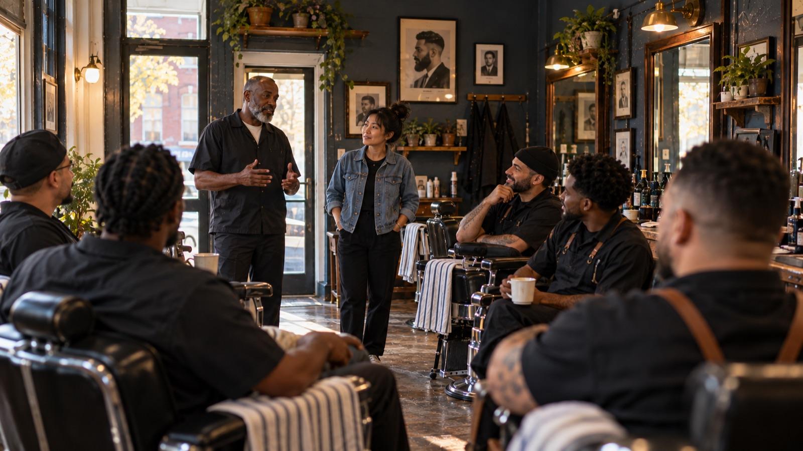 Marcus talks to his barbers before opening while the buyer stands beside him