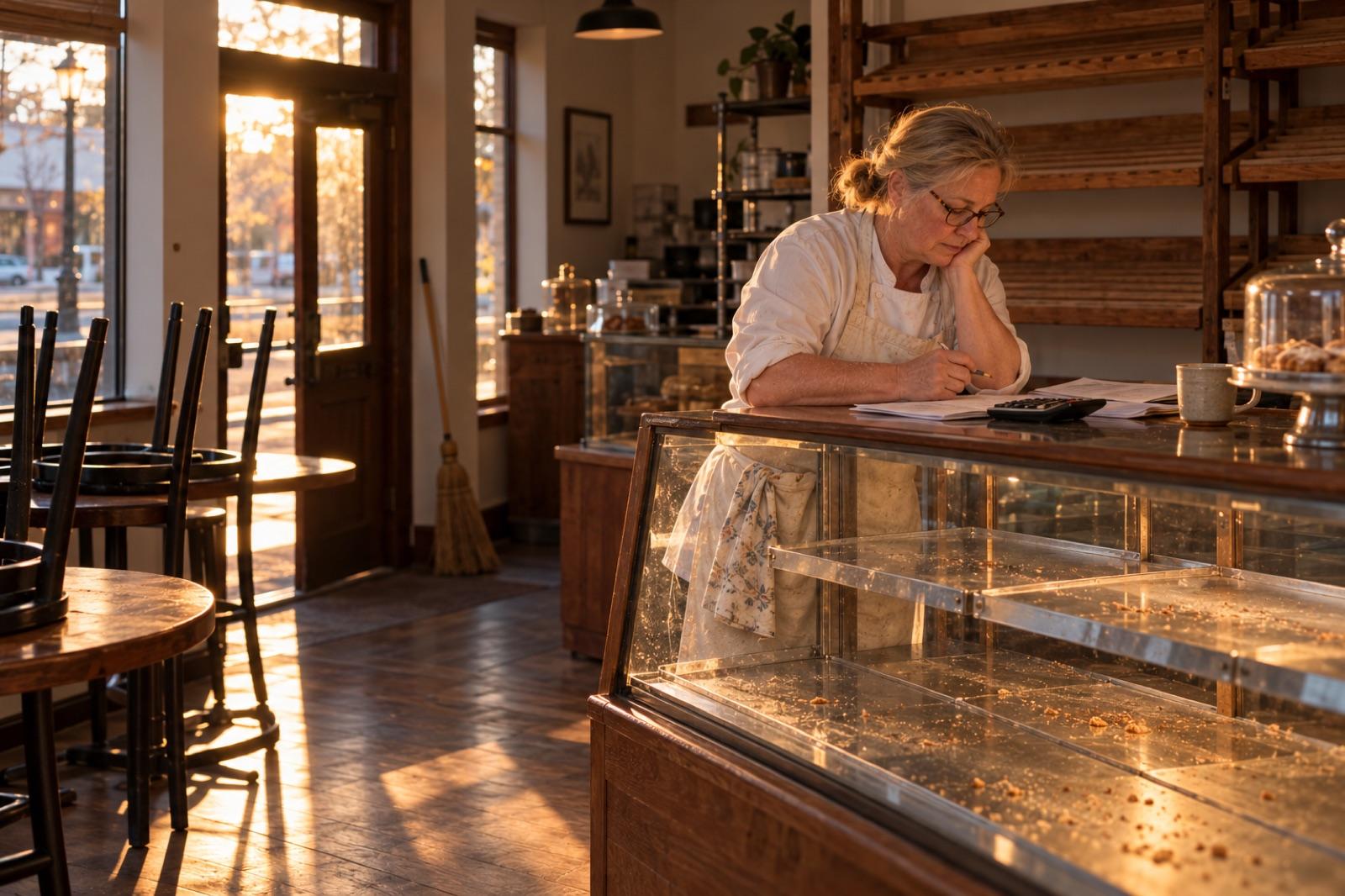 Paula at the bakery counter after closing time, looking over papers and a calculator beside an empty bread rack