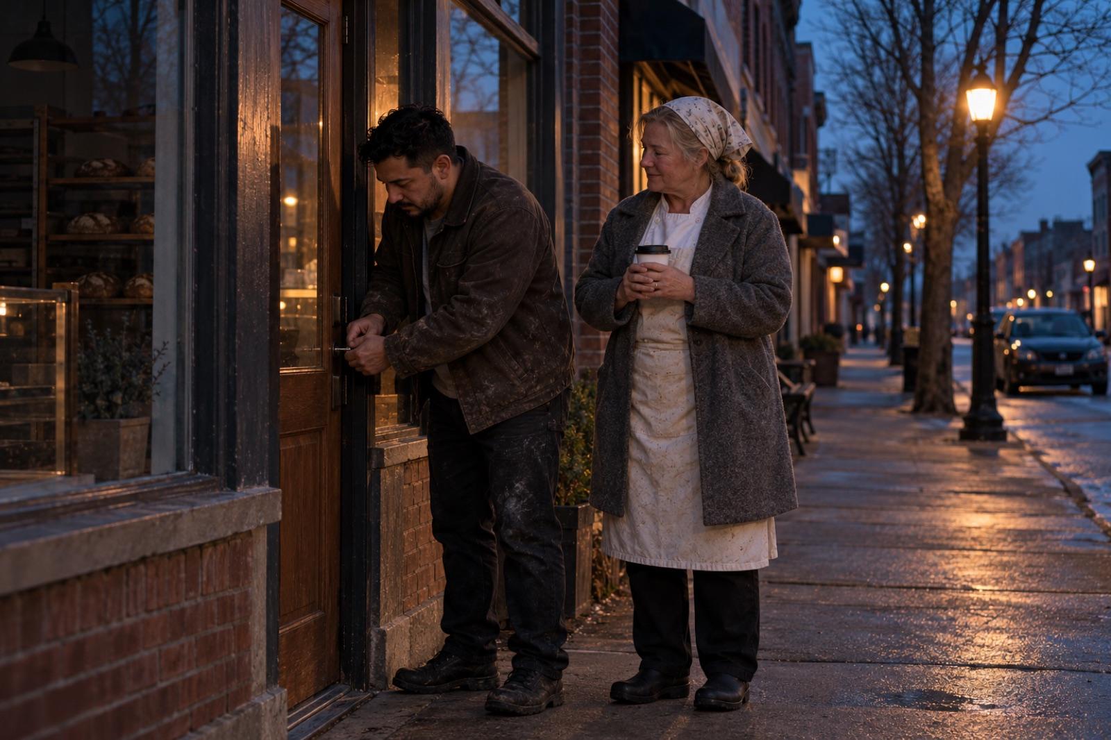 Before dawn, Mateo unlocks the bakery's front door while Paula waits beside him holding a coffee