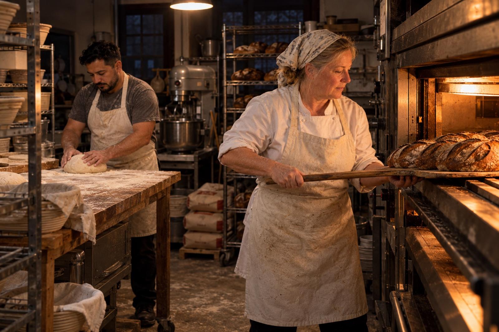 Paula pulling a tray of loaves from the oven before dawn while Mateo shapes dough at the bench behind her